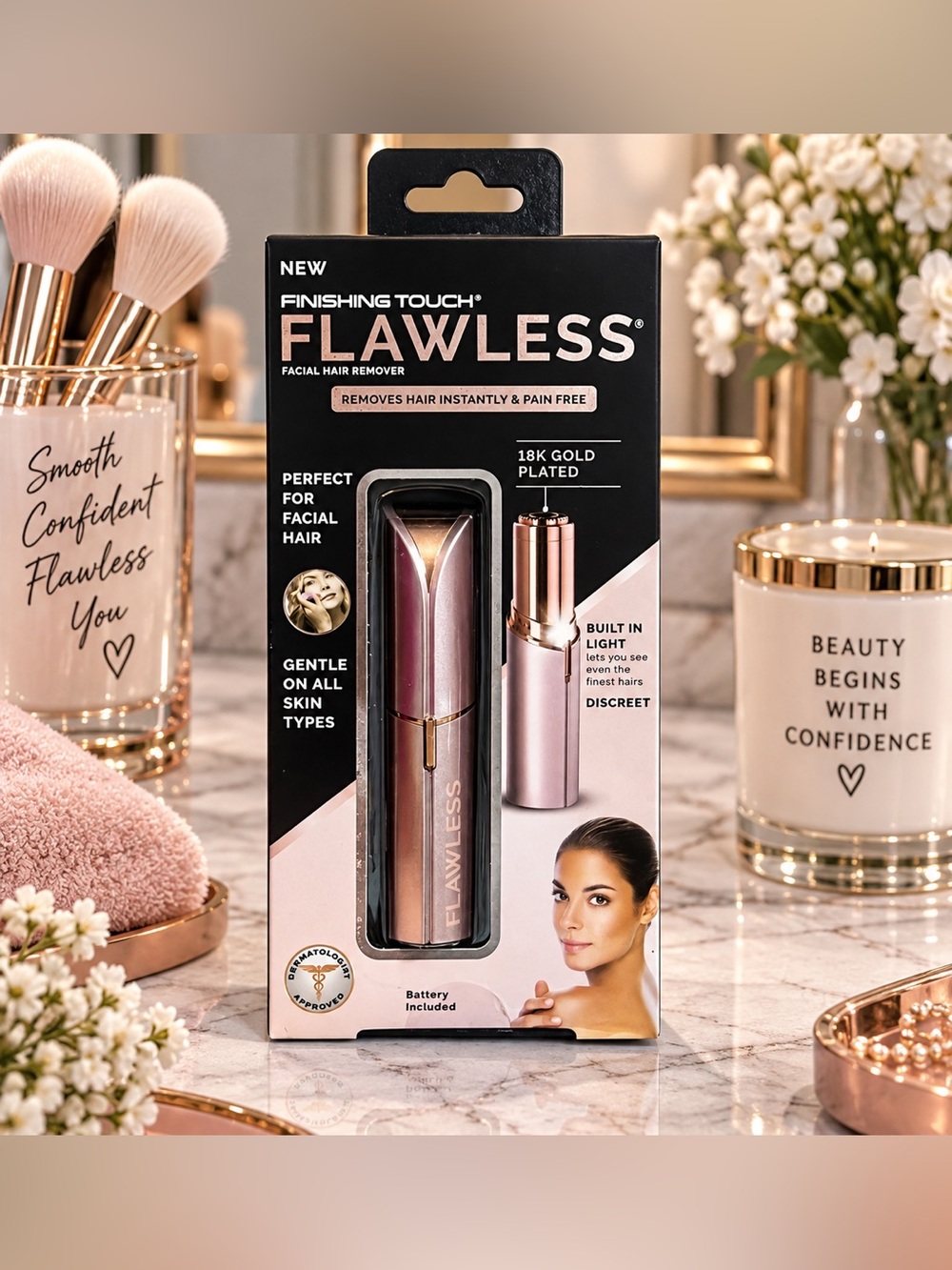 NWT Finishing Touch Flawless Facial Hair Remover Rose Gold 18K Gold Plated
